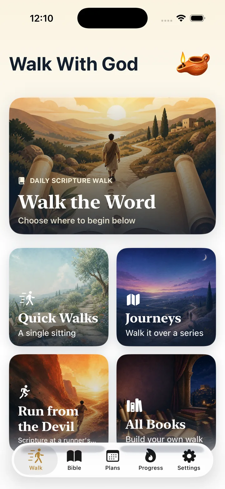 Walk With God home screen showing Scripture walk options