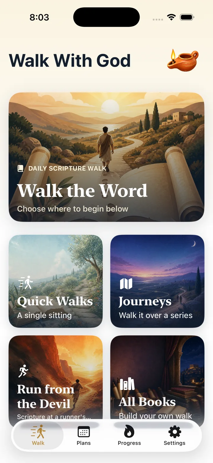 Walk With God home screen showing Scripture walk options